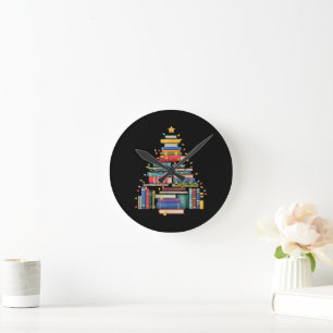 Horloge Ronde Sapin de Noël drôle fait de livres Bibliothécaire