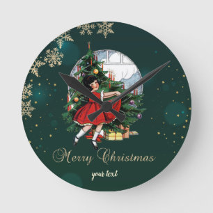 Horloge Ronde Sapin de Noël vintage, Petite Fille Flocons de Nei