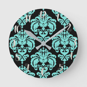 Horloge Ronde Sarcelle Turquoise & Noir Damassé Moderne Personna