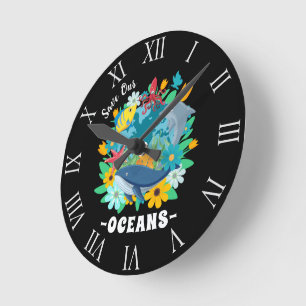 Horloge Ronde Sauvez nos océans Fleur Baleine Conception Colorée