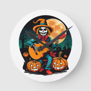 Horloge Ronde scarecrow joue de la guitare et célèbre halloween