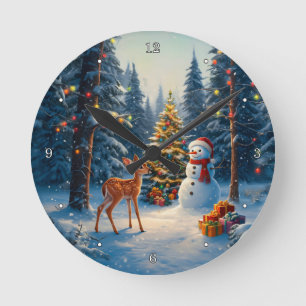 Horloge Ronde Scene d'arbre de Noël Cute Deer Fawn Snowman
