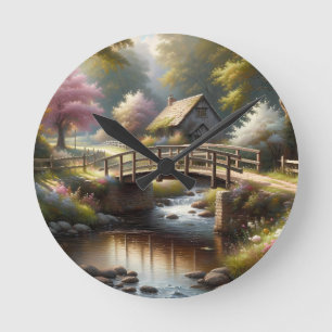 Horloge Ronde Scène de cottage printanier Cottagecore