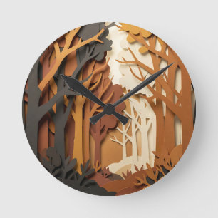 Horloge Ronde Scène de forêt automnale en papier découpé en couc