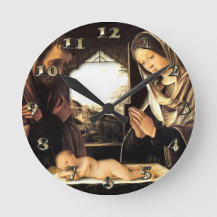 Horloge Ronde Scène de nativité pour Noël - famille sainte, c