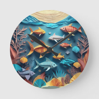 Horloge Ronde Scène de vie marine en origami en papier 3D