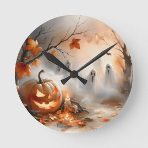 Horloge Ronde Scène d'Halloween lunaire avec citrouille et fantô