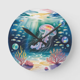 Horloge Ronde Scène sous-marine de méduses lumineuses