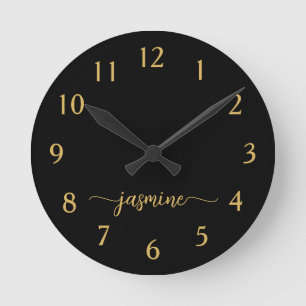 Horloge Ronde Script monogramme minimaliste noir et or féminin