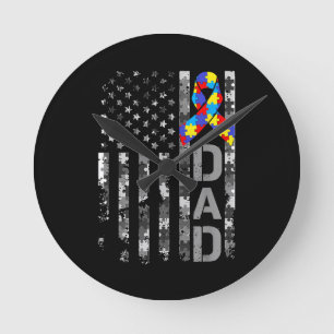 Horloge Ronde Sensibilisation sur l'autisme Papa USA Drapeau Fêt