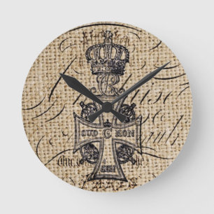 Horloge Ronde Shabby chic couronne vintage burlap croix religieu
