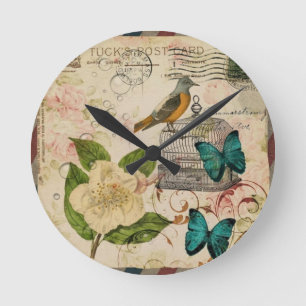 Horloge Ronde shabby elegance floral bird franical botanical