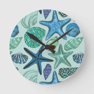 Horloge Ronde Shades Of Blue Seashells and d Starfish Pattern