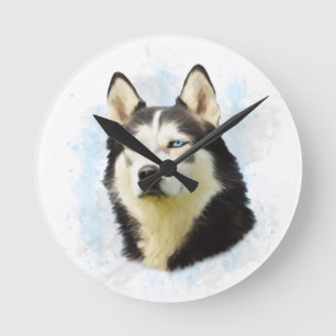 Horloge Ronde Sibérie Husky Dog Eau Couleur Art Peinture