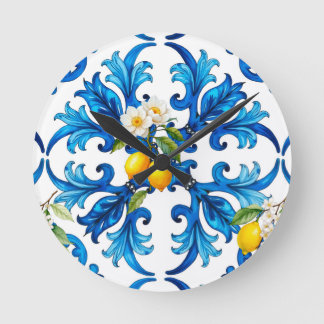 Horloge Ronde sicilien, été, citron, mosaïque, bleu, foulard,