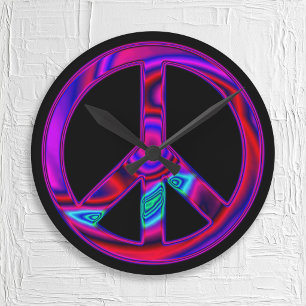 Horloge Ronde Signe de paix psychédélique noir