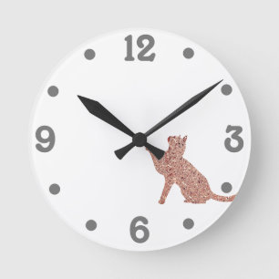Horloge Ronde silhouette de chat à l'apparence or Rose
