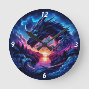 Horloge Ronde Silhouette de dragon contre un coucher de soleil v