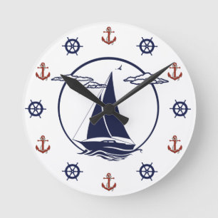 Horloge Ronde Silhouette de voilier blanc marine/ancre/roue