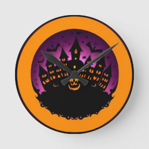 Horloge Ronde Silhouette d'Halloween effrayant d'un château hant