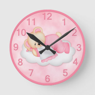 Horloge Ronde Sleepy Bear Pink Wall Clock