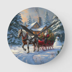 Horloge Ronde Sleigh Père Noël à cheval de Noël