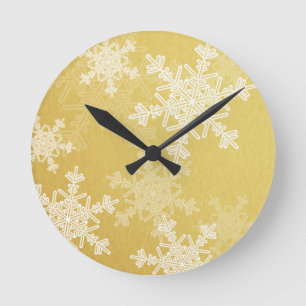 Horloge Ronde Snowflakes blanc doré Noël minimaliste
