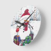 Horloge Ronde Snowman Avec Cadeaux En Aquarelle Carré Cloc (Angle)