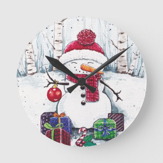 Horloge Ronde Snowman Avec Cadeaux En Aquarelle Carré Cloc (Recto)