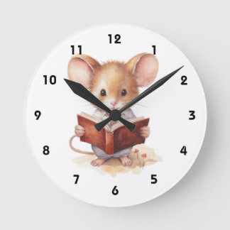 Horloge Ronde Souris lisant un livre fantaisiste mignon