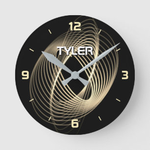 Horloge Ronde Spirale de lumière dorée sur fond noir, nom person