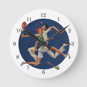 Horloge Ronde Sports Vintage, Joueurs de Tennis s'écrasent avec