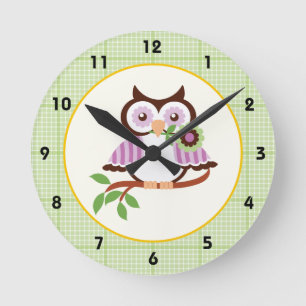Horloge Ronde Spring owl with green plaid border wall clock