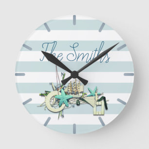 Horloge Ronde Starfish, Fishing Net & Tall Ship Nautique