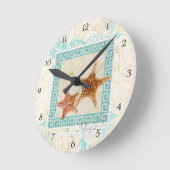 Horloge Ronde Starfish Sea Shells Ocean Greek Key Pattern (Angle)