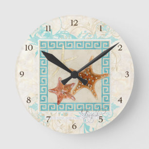 Horloge Ronde Starfish Sea Shells Ocean Greek Key Pattern