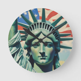 Horloge Ronde Statue de la Liberté et Drapeau américain New York