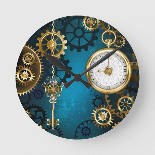 Horloge Ronde Steampunk Arrière - plan turquoise avec Gears (Recto)