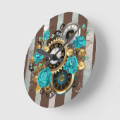 Horloge Ronde Steampunk Clock and Turquoise Roses on Striped (Angle)