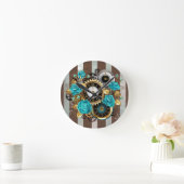 Horloge Ronde Steampunk Clock and Turquoise Roses on Striped (Maison)