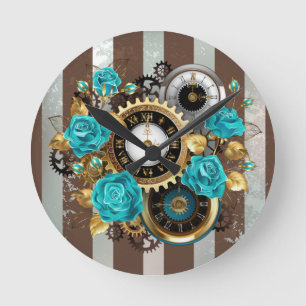 Horloge Ronde Steampunk Clock and Turquoise Roses on Striped