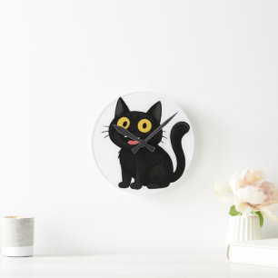 Horloge Ronde Sticker pour chat noir drôle avec yeux jaunes