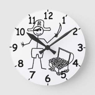 Horloge Ronde Stickman Pirate Avec Poitrine Au Trésor