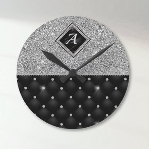 Horloge Ronde Stylé faux cristal argent diamant noir monogramme