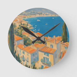 Horloge Ronde Style vintage Côte d'Azur Aquarelle Voyage Françai