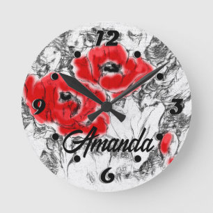 Horloge Ronde Stylo dessiné à la main des pavots rouges fleurs f