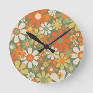 Horloge Ronde Super Retro Floral 60s les années 70 Fleurs