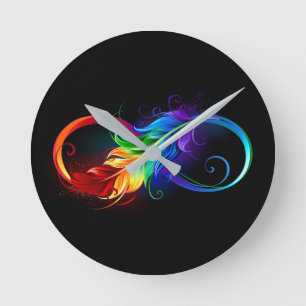 Horloge Ronde Symbole d'infini avec plume arc-en-ciel