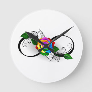 Horloge Ronde Symbole d'infini avec Rose arc-en-ciel