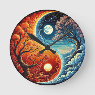 Horloge Ronde Symbole Yin-Yang complexe montrant le feu, l'eau